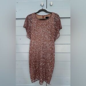 Adrianna Papell Sequin Beaded Cocktail Dress, Flutter Sleeves, Rose Gold Size 2
